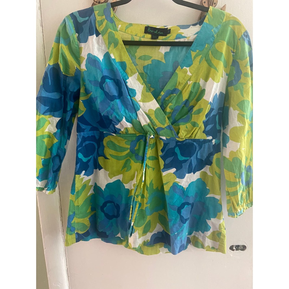 Ocean blue green blouse gathered waist with tie-front